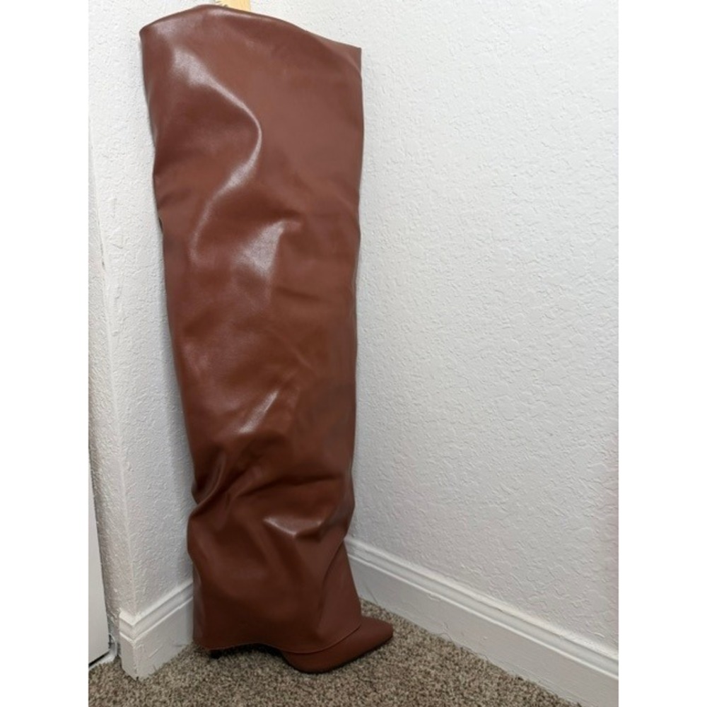 Cognac Brown Faux Leather Slouchy Thigh High Stiletto Boots Pointed Toe Size 9